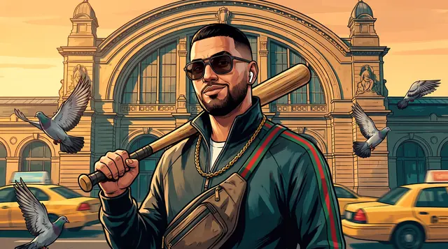 Gemaltes Artwork: Rami mit Sonnenbrille, Goldkette, Bauchtasche und Baseballschläger auf der Schulter vor dem Frankfurter Hauptbahnhof, um ihn herum Tauben und Taxis.