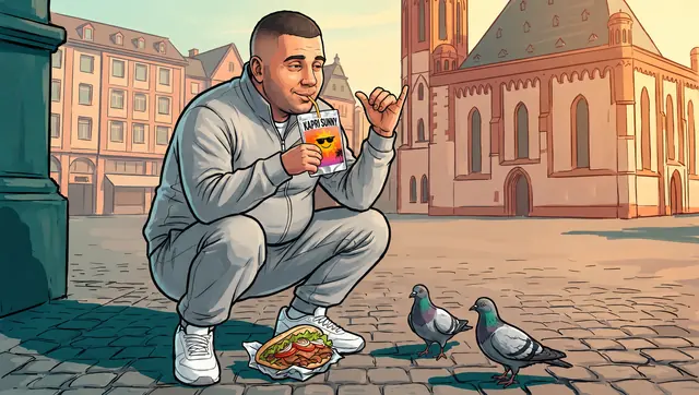 Gemaltes Artwork: Can im grauen Trainingsanzug hockt mit einer Kapri Sunny in der Hand auf einem Platz in der Frankfurter Altstadt, neben ihm Tauben.
