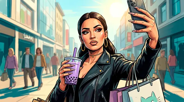 Gemaltes Artwork: Talahina macht in einer Einkaufsstraße ein Selfie, in der anderen Hand ein Bubble Tea.