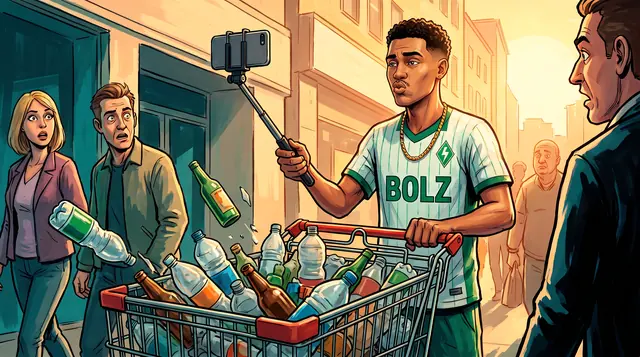 Gemaltes Artwork: Elias im BOLZ-Trikot schiebt einen Einkaufswagen voller Pfandflaschen durch die Stadt und filmt sich dabei mit dem Selfie-Stick, Passanten schauen irritiert.