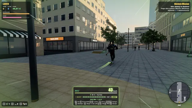 Screenshot: Rami fährt mit dem BOLZ-E-Scooter und Boost über die Zeil, der Tacho zeigt 43 km/h.
