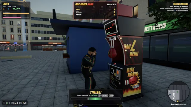 Screenshot: Rami am Boxautomaten, eine Timing-Leiste zeigt den richtigen Moment für den Schlag.